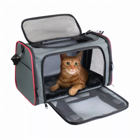 GOOPAWS Soft-Sided Kennel Pet Carrier for Small Dogs, Cats, Puppy, Airline Approved Cat Carriers Dog Carrier Collapsible, Travel Handbag & Car Seat (Color: Grey / Red, size: 17" x 10" x 11.5")