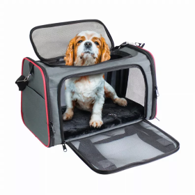 GOOPAWS Soft-Sided Kennel Pet Carrier for Small Dogs, Cats, Puppy, Airline Approved Cat Carriers Dog Carrier Collapsible, Travel Handbag & Car Seat (Color: Grey / Red, size: 19" x 12" x 12")