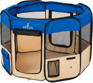 Zampa Portable Foldable Pet playpen Exercise Pen Kennel + Carrying Case (Color: Blue, size: Large (61"x61"x30"))