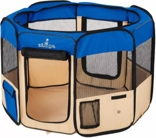 Zampa Portable Foldable Pet playpen Exercise Pen Kennel + Carrying Case (Color: Blue, size: Small (36"x36"x24"))