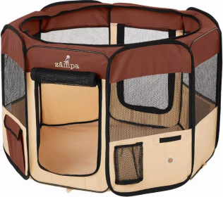 Zampa Portable Foldable Pet playpen Exercise Pen Kennel + Carrying Case (Color: Brown, size: Small (36"x36"x24"))