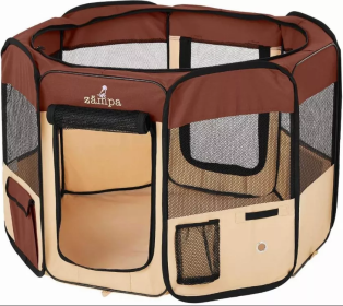 Zampa Portable Foldable Pet playpen Exercise Pen Kennel + Carrying Case (Color: Brown, size: Extra Small (29"x29"x17"))