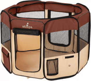 Zampa Portable Foldable Pet playpen Exercise Pen Kennel + Carrying Case (Color: Brown, size: Medium (45"x45"x24"))